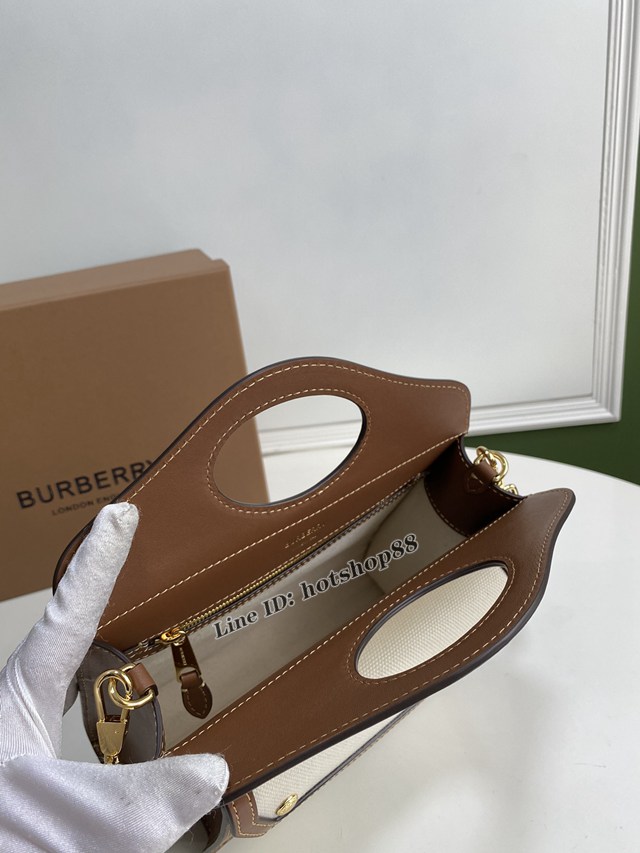 Burberry專櫃新款小號撲克包 巴寶莉焦糖咖啡奶油白手提托特包 yxb1108